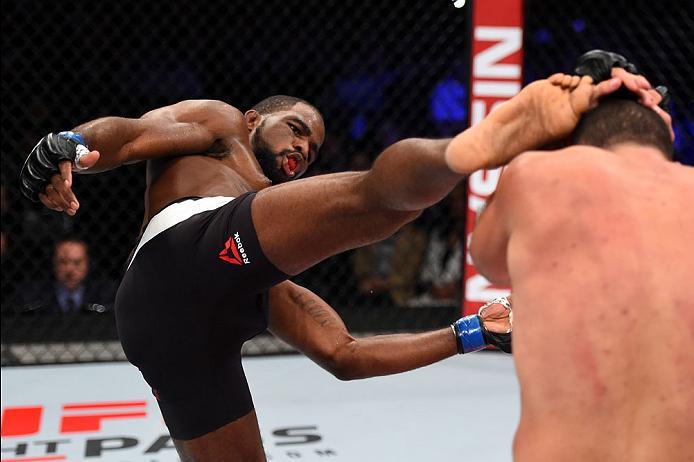 CURITIBA, BRAZIL - MAY 14: (L-R) Corey Anderson kicks Mauricio 'Shogun' Rua of Brazil in their light heavyweight bout during the UFC 198 event at Arena da Baixada stadium on May 14, 2016 in Curitiba, Parana, Brazil. (Photo by Josh Hedges/Zuffa LLC/Zuffa