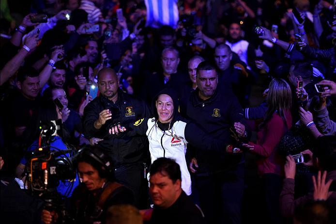 CURITIBA, BRAZIL - MAY 14: Cristiane 'Cyborg' Justino of Brazil enters the arena before facing Leslie Smith in their women's catchweight bout during the UFC 198 event at Arena da Baixada stadium on May 14, 2016 in Curitiba, Parana, Brazil. (Photo by Jos