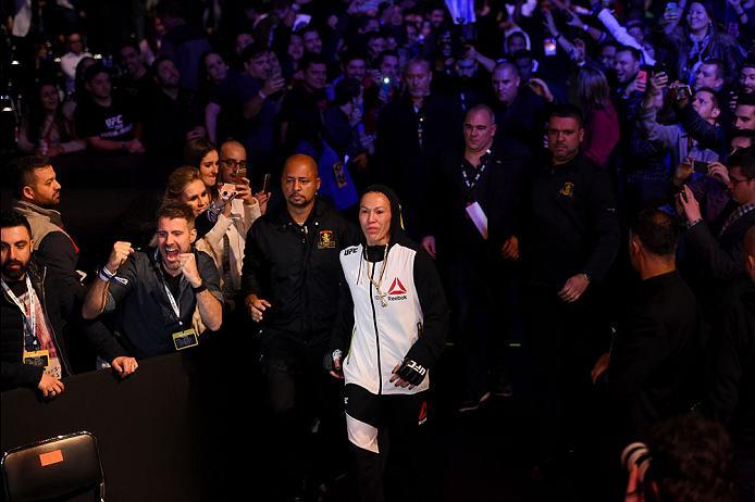 CURITIBA, BRAZIL - MAY 14: Cristiane 'Cyborg' Justino of Brazil enters the arena before facing Leslie Smith in their women's catchweight bout during the UFC 198 event at Arena da Baixada stadium on May 14, 2016 in Curitiba, Parana, Brazil. (Photo by Jos