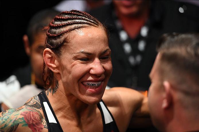 CURITIBA, BRAZIL - MAY 14: Cristiane 'Cyborg' Justino of Brazil prepares to enter the Octagon before facing Leslie Smith in their women's catchweight bout during the UFC 198 event at Arena da Baixada stadium on May 14, 2016 in Curitiba, Parana, Brazil.