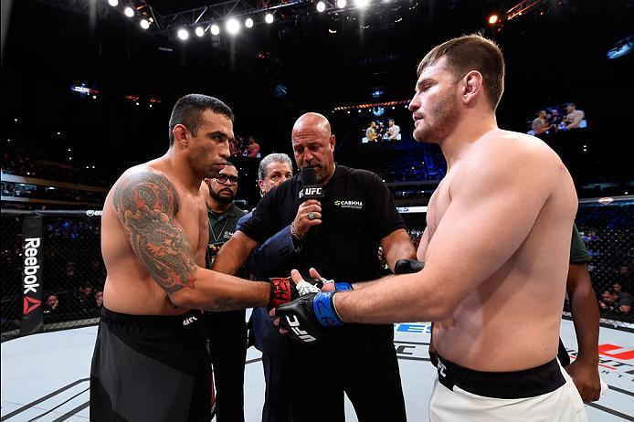 CURITIBA, BRAZIL - MAY 14: (L-R) Fabricio Werdum of Brazil and Stipe Miocic touch gloves before their UFC heavyweight championship bout during the UFC 198 event at Arena da Baixada stadium on May 14, 2016 in Curitiba, Parana, Brazil. (Photo by Josh Hedg