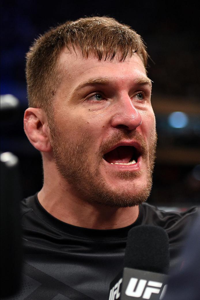 CURITIBA, BRAZIL - MAY 14: Stipe Miocic is interviewed after defeating Fabricio Werdum of Brazil by KO in their UFC heavyweight championship bout during the UFC 198 event at Arena da Baixada stadium on May 14, 2016 in Curitiba, Parana, Brazil. (Photo by