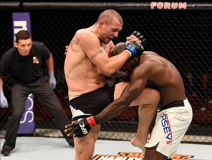 INGLEWOOD, CA - JUNE 04: Elvis Mutapcic of Bosnia knees Kevin Casey during their middleweight bout during the UFC 199 event at The Forum on June 4, 2016 in Inglewood, California. (Photo by Josh Hedges/Zuffa LLC/Zuffa LLC via Getty Images)