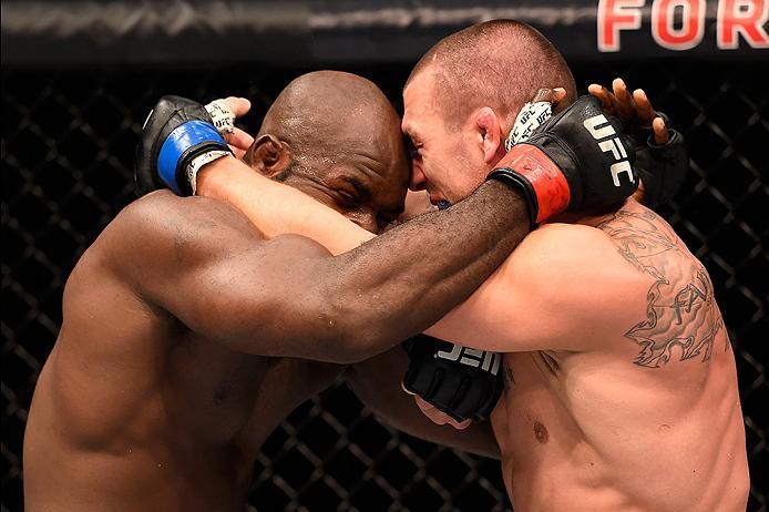 INGLEWOOD, CA - JUNE 04: Kevin Casey and Elvis Mutapcic of Bosnia wrestle during their middleweight bout during the UFC 199 event at The Forum on June 4, 2016 in Inglewood, California. (Photo by Josh Hedges/Zuffa LLC/Zuffa LLC via Getty Images)