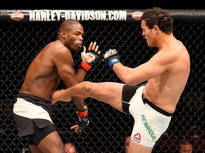 INGLEWOOD, CA - JUNE 04: Henrique da Silva of Brazil kicks Jonathan Wilson in their light heavyweight bout during the UFC 199 event at The Forum on June 4, 2016 in Inglewood, California. (Photo by Josh Hedges/Zuffa LLC/Zuffa LLC via Getty Images)