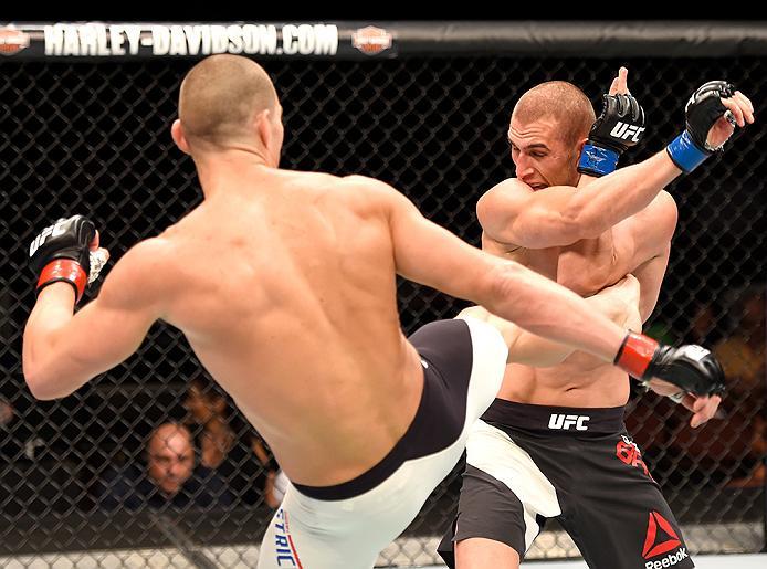 INGLEWOOD, CA - JUNE 04: Sean Strickland kicks Tom Breese of England in their welterweight bout during the UFC 199 event at The Forum on June 4, 2016 in Inglewood, California. (Photo by Josh Hedges/Zuffa LLC/Zuffa LLC via Getty Images)