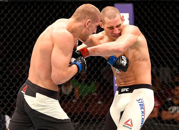 INGLEWOOD, CA - JUNE 04: Tom Breese of England punches Sean Strickland in their welterweight bout during the UFC 199 event at The Forum on June 4, 2016 in Inglewood, California. (Photo by Josh Hedges/Zuffa LLC/Zuffa LLC via Getty Images)