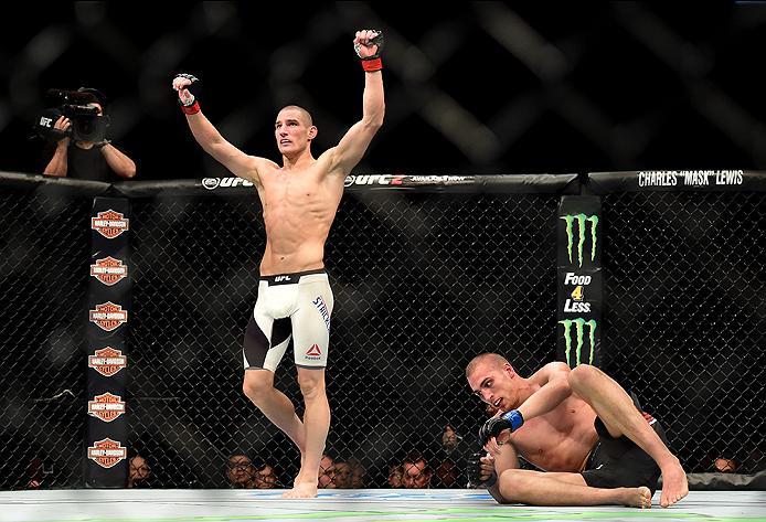 INGLEWOOD, CA - JUNE 04: Sean Strickland celebrates after defeating Tom Breese of England by split decision in their welterweight bout during the UFC 199 event at The Forum on June 4, 2016 in Inglewood, California. (Photo by Harry How/Zuffa LLC/Zuffa LL