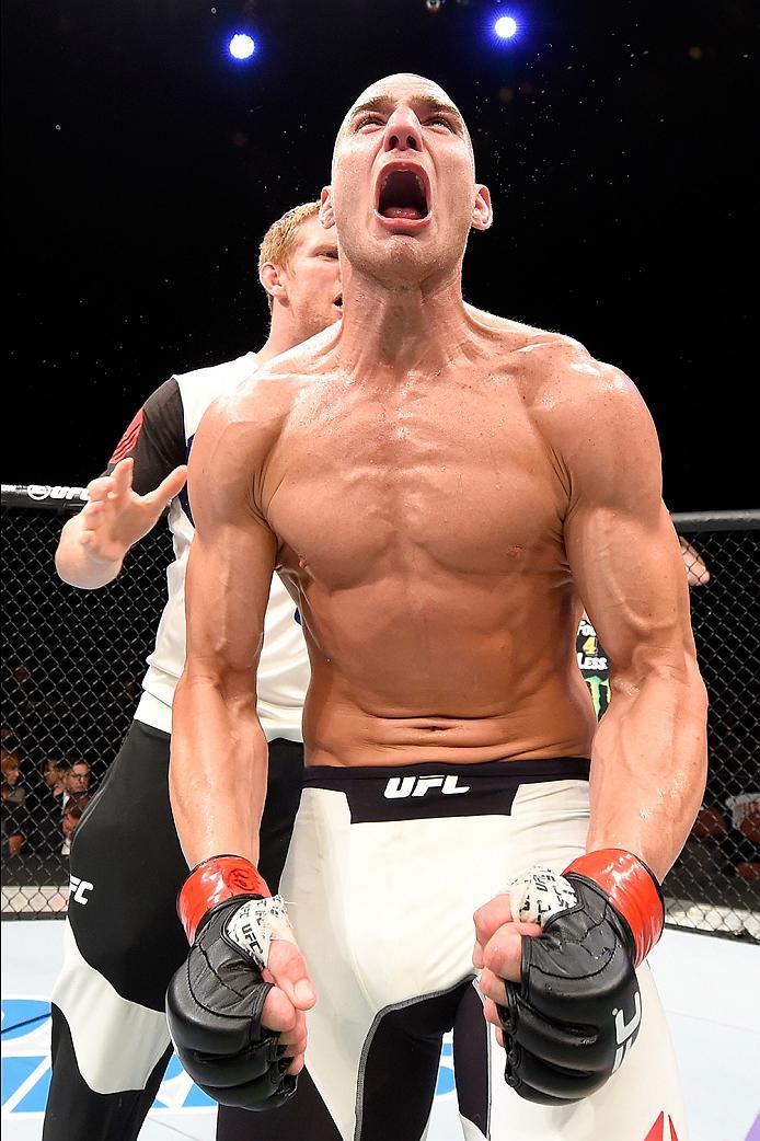 INGLEWOOD, CA - JUNE 04: Sean Strickland celebrates after defeating Tom Breese of England by split decision in their welterweight bout during the UFC 199 event at The Forum on June 4, 2016 in Inglewood, California. (Photo by Josh Hedges/Zuffa LLC/Zuffa