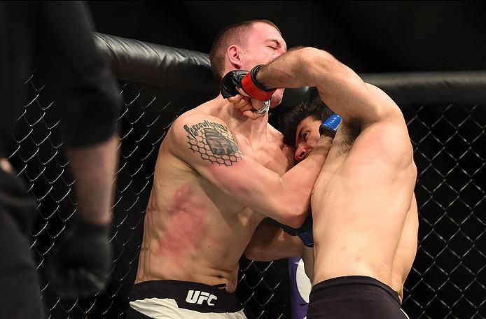 INGLEWOOD, CA - JUNE 04: Beneil Darush of Iran and James Vick exchange blows in their lightweight bout during the UFC 199 event at The Forum on June 4, 2016 in Inglewood, California. (Photo by Harry How/Zuffa LLC/Zuffa LLC via Getty Images)