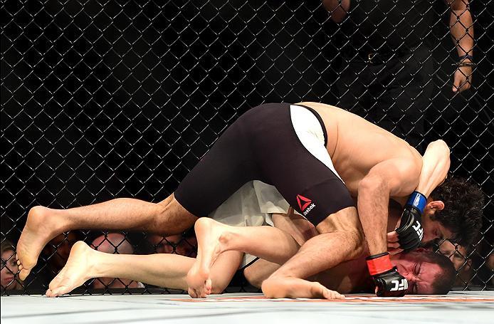 INGLEWOOD, CA - JUNE 04: Beneil Darush of Iran wrestles James Vick in their lightweight bout during the UFC 199 event at The Forum on June 4, 2016 in Inglewood, California. (Photo by Harry How/Zuffa LLC/Zuffa LLC via Getty Images)