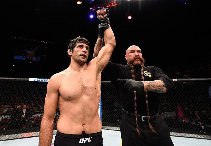 INGLEWOOD, CA - JUNE 04: Beneil Dariush of Iran celebrates after his first round knock out of James Vick in their lightweight bout during the UFC 199 event at The Forum on June 4, 2016 in Inglewood, California. (Photo by Josh Hedges/Zuffa LLC/Zuffa LLC