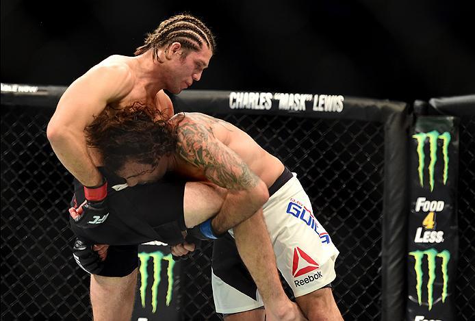INGLEWOOD, CA - JUNE 04: Brian Ortega and Clay Guida wrestle in their featherweight bout during the UFC 199 event at The Forum on June 4, 2016 in Inglewood, California. (Photo by Harry How/Zuffa LLC/Zuffa LLC via Getty Images)