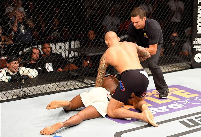 INGLEWOOD, CA - JUNE 04: Bobby Green lays in the ring after his TKO defeat in the frist round to Dustin Poirier in their lightweight bout during the UFC 199 event at The Forum on June 4, 2016 in Inglewood, California. (Photo by Josh Hedges/Zuffa LLC/Zuff