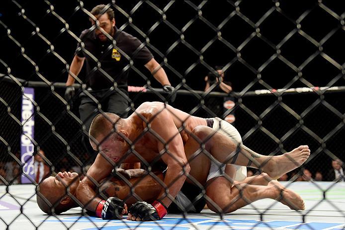 INGLEWOOD, CA - JUNE 04: Dan Henderson wrestles Hector Lombard of Cuba in their middleweight bout during the UFC 199 event at The Forum on June 4, 2016 in Inglewood, California. (Photo by Harry How/Zuffa LLC/Zuffa LLC via Getty Images)