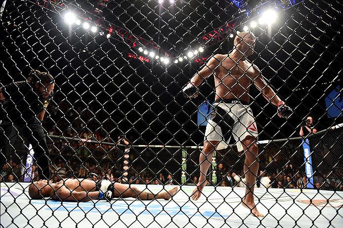 INGLEWOOD, CA - JUNE 04: Dan Henderson celebrates after his knockout win in the second round against Hector Lombard in their middleweight bout during the UFC 199 event at The Forum on June 4, 2016 in Inglewood, California. (Photo by Harry How/Zuffa LLC/