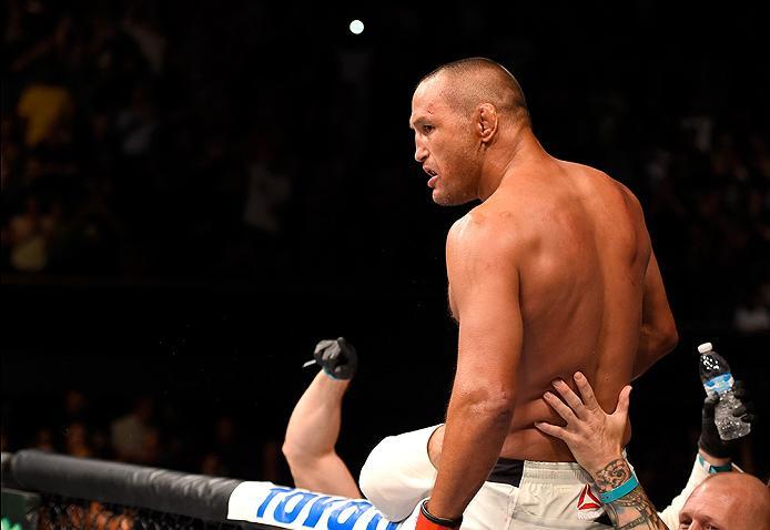 INGLEWOOD, CA - JUNE 04: Dan Henderson celebrates after his knockout in the second round against Hector Lombard in their middleweight bout during the UFC 199 event at The Forum on June 4, 2016 in Inglewood, California. (Photo by Josh Hedges/Zuffa LLC/Zu