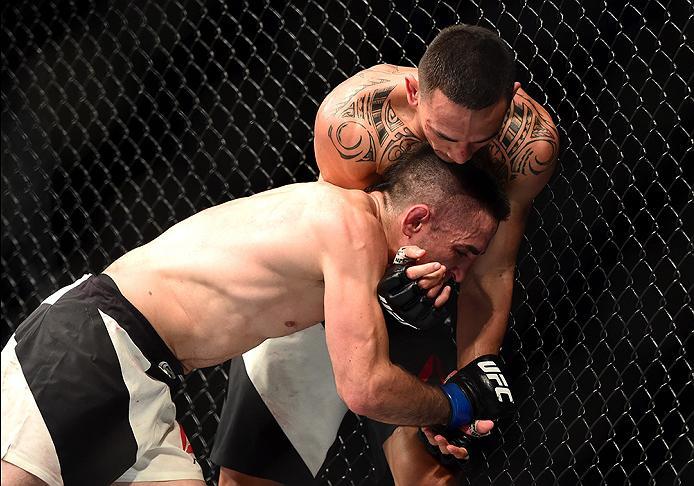 INGLEWOOD, CA - JUNE 04: Max Holloway wrestles Ricardo Lamas in their featherweight bout during the UFC 199 event at The Forum on June 4, 2016 in Inglewood, California. (Photo by Harry How/Zuffa LLC/Zuffa LLC via Getty Images)