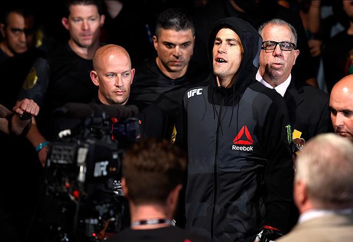 INGLEWOOD, CA - JUNE 04: Dominick Cruz walks to the Octagon for his fight against Urijah Faber in their UFC bantamweight championship bout during the UFC 199 event at The Forum on June 4, 2016 in Inglewood, California. (Photo by Josh Hedges/Zuffa LLC/Zu