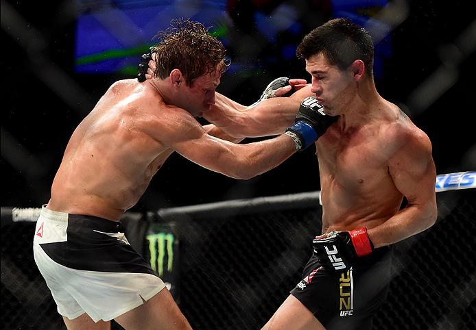 INGLEWOOD, CA - JUNE 04: Urijah Faber and Dominick Cruz exchange blows in their UFC bantamweight championship bout during the UFC 199 event at The Forum on June 4, 2016 in Inglewood, California. (Photo by Harry How/Zuffa LLC/Zuffa LLC via Getty Images)