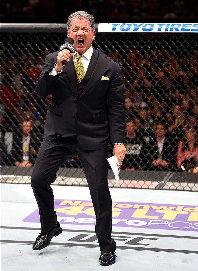 INGLEWOOD, CA - JUNE 04: Bruce Buffer announces the main event in the Octagon for the UFC middleweight championship bout between Luke Rockhold and Michael Bisping during the UFC 199 event at The Forum on June 4, 2016 in Inglewood, California. (Photo by