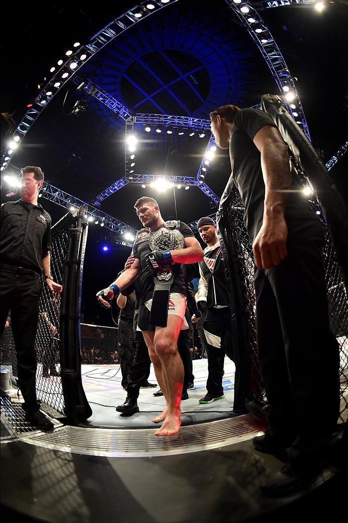 INGLEWOOD, CA - JUNE 04: Michael Bisping of England leaves the Octagon after his first round knockout win against Luke Rockhold in their UFC middleweight championship bout during the UFC 199 event at The Forum on June 4, 2016 in Inglewood, California. (P