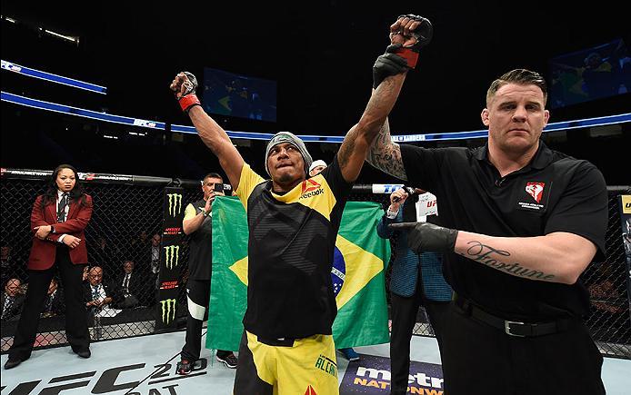 LAS VEGAS, NV - MARCH 04: Iuri Alcantara of Brazil reacts to his victory over Luke Sanders in their bantamweight bout during the UFC 209 event at T-Mobile Arena on March 4, 2017 in Las Vegas, Nevada. (Photo by Josh Hedges/Zuffa LLC/Zuffa LLC via Getty Im
