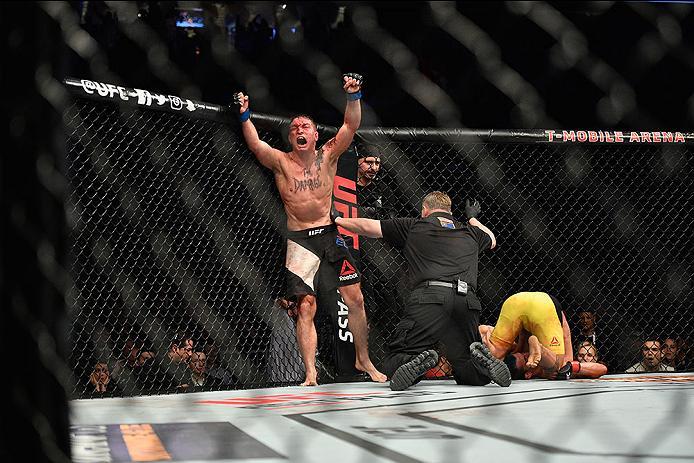 LAS VEGAS, NV - MARCH 04: Darren Elkins reacts to his victory over Mirsad Bektic of Bosnia in their featherweight bout during the UFC 209 event at T-Mobile Arena on March 4, 2017 in Las Vegas, Nevada. (Photo by Jeff Bottari/Zuffa LLC/Zuffa LLC via Getty