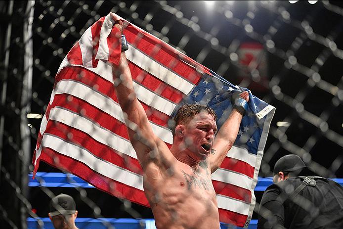 LAS VEGAS, NV - MARCH 04: Darren Elkins reacts to his victory over Mirsad Bektic of Bosnia in their featherweight bout during the UFC 209 event at T-Mobile Arena on March 4, 2017 in Las Vegas, Nevada. (Photo by Jeff Bottari/Zuffa LLC/Zuffa LLC via Getty
