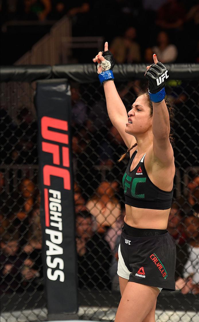 LAS VEGAS, NV - MARCH 04: Cynthia Calvillo reacts to her victory over Amanda Cooper in their women's strawweight bout during the UFC 209 event at T-Mobile Arena on March 4, 2017 in Las Vegas, Nevada. (Photo by Josh Hedges/Zuffa LLC/Zuffa LLC via Getty I