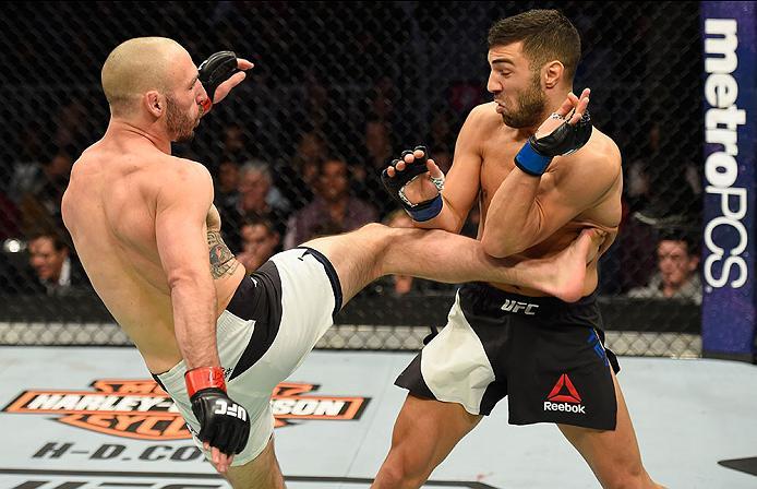 LAS VEGAS, NV - MARCH 04: (L-R) Lando Vannata kicks David Teymur of Sweden in their lightweight bout during the UFC 209 event at T-Mobile Arena on March 4, 2017 in Las Vegas, Nevada. (Photo by Josh Hedges/Zuffa LLC/Zuffa LLC via Getty Images) *** Local C
