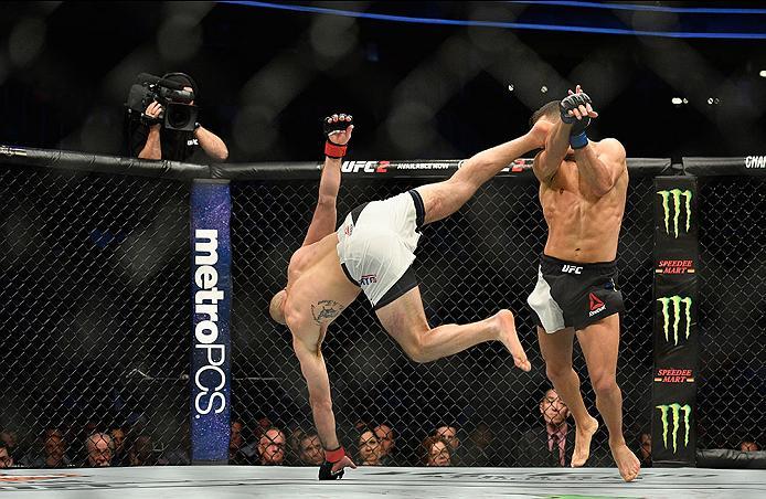LAS VEGAS, NV - MARCH 04: (L-R) Lando Vannata kicks David Teymur of Sweden in their lightweight bout during the UFC 209 event at T-Mobile Arena on March 4, 2017 in Las Vegas, Nevada. (Photo by Jeff Bottari/Zuffa LLC/Zuffa LLC via Getty Images) *** Local