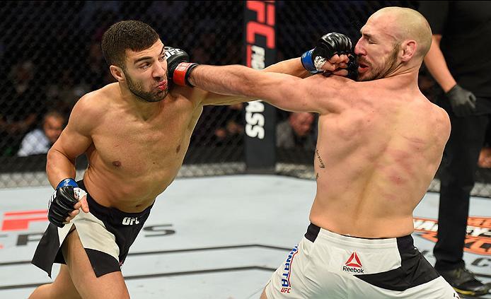 LAS VEGAS, NV - MARCH 04: (L-R) David Teymur of Sweden punches Lando Vannata in their lightweight bout during the UFC 209 event at T-Mobile Arena on March 4, 2017 in Las Vegas, Nevada. (Photo by Josh Hedges/Zuffa LLC/Zuffa LLC via Getty Images) *** Local
