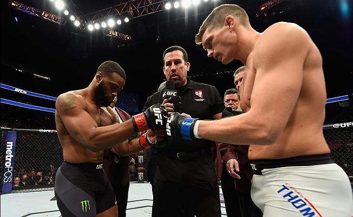 LAS VEGAS, NV - MARCH 04: (L-R) Tyron Woodley and Stephen Thompson touch gloves before their UFC welterweight championship bout during the UFC 209 event at T-Mobile Arena on March 4, 2017 in Las Vegas, Nevada. (Photo by Josh Hedges/Zuffa LLC/Zuffa LLC vi
