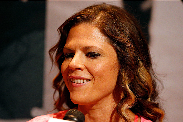 LAS VEGAS, NV - JULY 03: The Ultimate Fighter season 20 cast member Emily Peters Kagan interacts with media during the UFC Ultimate Media Day at the Mandalay Bay Resort and Casino on July 3, 2014 in Las Vegas, Nevada. (Photo by Josh Hedges/Zuffa LLC/Zuf