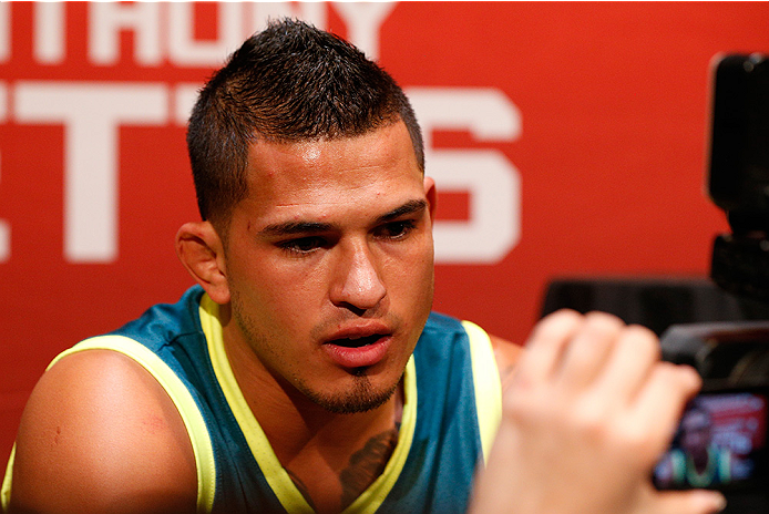 LAS VEGAS, NV - JULY 03: UFC lightweight champion Anthony Pettis interacts with media during the UFC Ultimate Media Day at the Mandalay Bay Resort and Casino on July 3, 2014 in Las Vegas, Nevada. (Photo by Josh Hedges/Zuffa LLC/Zuffa LLC via Getty Image