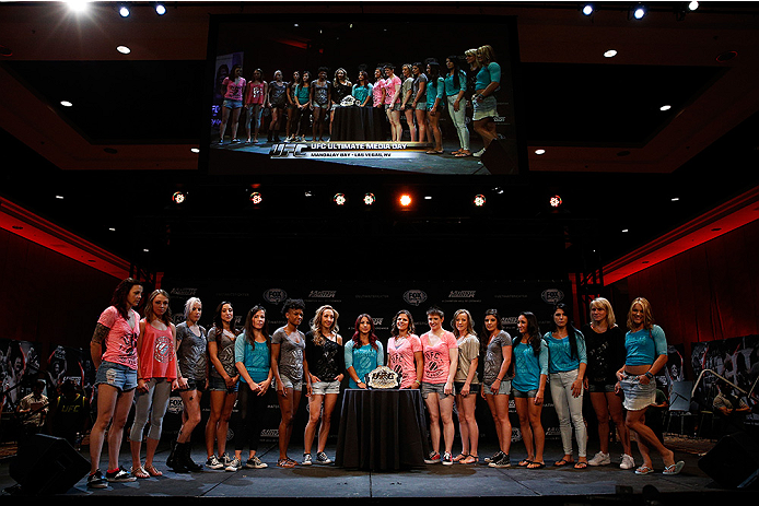 LAS VEGAS, NV - JULY 03: A general view of the entire cast of The Ultimate Fighter season 20 is seen on stage with the UFC strawweight title belt during the UFC Ultimate Media Day at the Mandalay Bay Resort and Casino on July 3, 2014 in Las Vegas, Nevada
