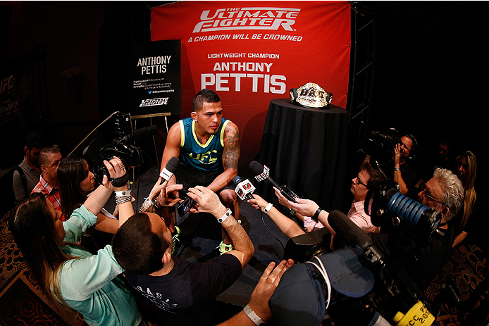 LAS VEGAS, NV - JULY 03: UFC lightweight champion Anthony Pettis interacts with media during the UFC Ultimate Media Day at the Mandalay Bay Resort and Casino on July 3, 2014 in Las Vegas, Nevada. (Photo by Josh Hedges/Zuffa LLC/Zuffa LLC via Getty Image