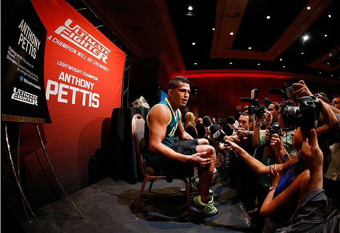 LAS VEGAS, NV - JULY 03: UFC lightweight champion Anthony Pettis interacts with media during the UFC Ultimate Media Day at the Mandalay Bay Resort and Casino on July 3, 2014 in Las Vegas, Nevada. (Photo by Josh Hedges/Zuffa LLC/Zuffa LLC via Getty Image