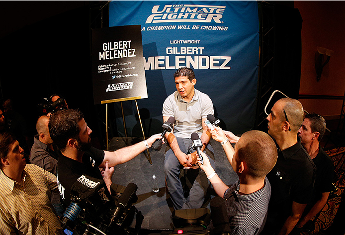 LAS VEGAS, NV - JULY 03: The Ultimate Fighter season 20 coach Gilbert Melendez interacts with media during the UFC Ultimate Media Day at the Mandalay Bay Resort and Casino on July 3, 2014 in Las Vegas, Nevada. (Photo by Josh Hedges/Zuffa LLC/Zuffa LLC v