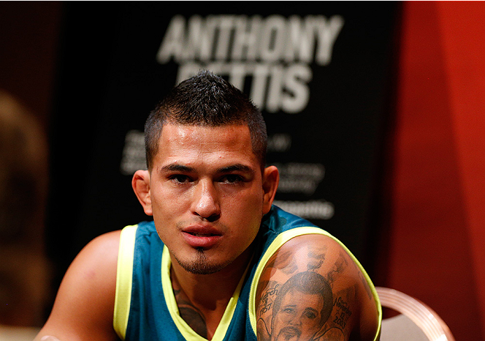 LAS VEGAS, NV - JULY 03: UFC lightweight champion Anthony Pettis interacts with media during the UFC Ultimate Media Day at the Mandalay Bay Resort and Casino on July 3, 2014 in Las Vegas, Nevada. (Photo by Josh Hedges/Zuffa LLC/Zuffa LLC via Getty Image