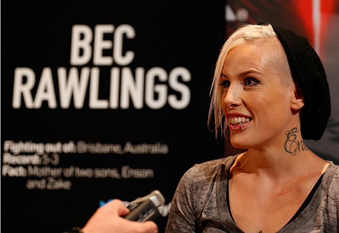 LAS VEGAS, NV - JULY 03: The Ultimate Fighter season 20 cast member Bec Rawlings interacts with media during the UFC Ultimate Media Day at the Mandalay Bay Resort and Casino on July 3, 2014 in Las Vegas, Nevada. (Photo by Josh Hedges/Zuffa LLC/Zuffa LLC