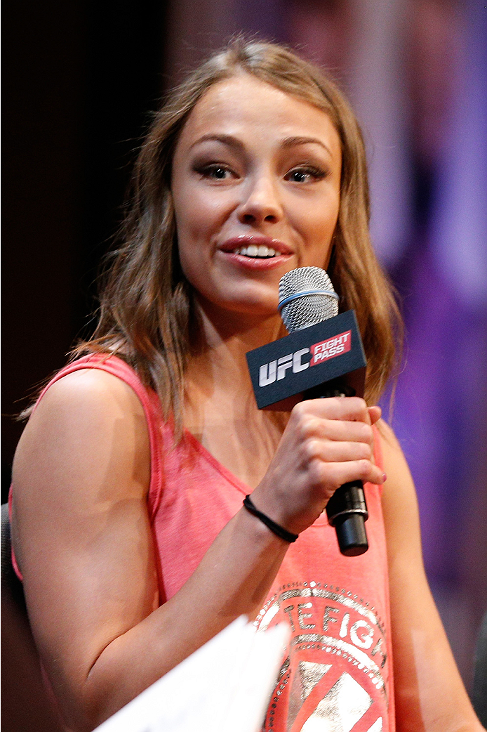 LAS VEGAS, NV - JULY 03: The Ultimate Fighter season 20 cast member Rose Namajunas interacts with fans during the UFC Ultimate Media Day at the Mandalay Bay Resort and Casino on July 3, 2014 in Las Vegas, Nevada. (Photo by Josh Hedges/Zuffa LLC/Zuffa LL