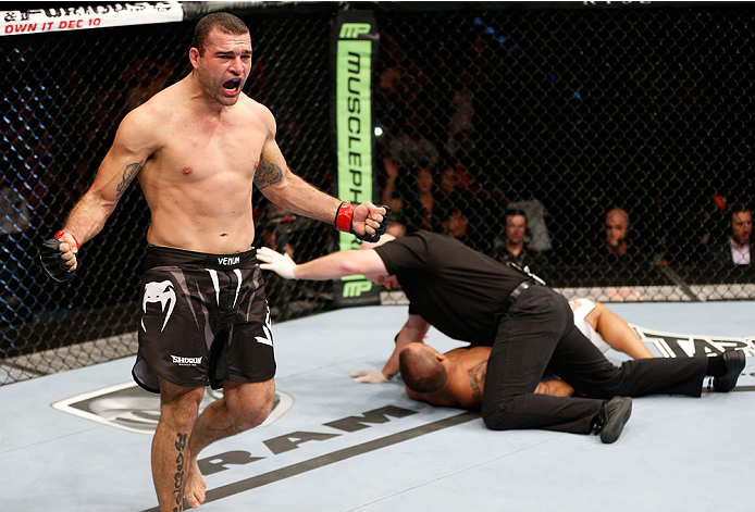 BRISBANE, AUSTRALIA - DECEMBER 07: Mauricio "Shogun" Rua reacts after knocking out James Te Huna in their light heavyweight fight during the UFC Fight Night event at the Brisbane Entertainment Centre on December 7, 2013 in Brisbane, Australia. (Photo by