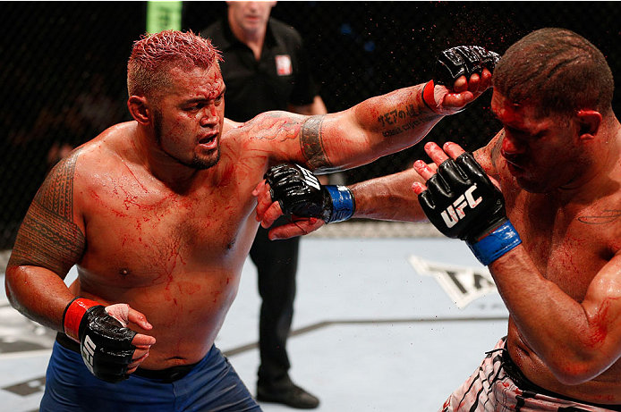 BRISBANE, AUSTRALIA - DECEMBER 07: (L-R) Mark Hunt punches Antonio "Bigfoot" Silva in their heavyweight fight during the UFC Fight Night event at the Brisbane Entertainment Centre on December 7, 2013 in Brisbane, Australia. (Photo by Josh Hedges/Zuffa LL