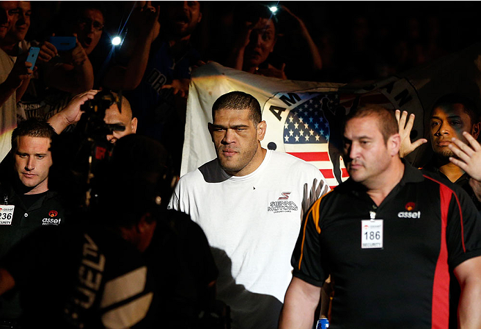 BRISBANE, AUSTRALIA - DECEMBER 07: Antonio "Bigfoot" Silva enters the arena before his heavyweight fight against Mark Hunt during the UFC Fight Night event at the Brisbane Entertainment Centre on December 7, 2013 in Brisbane, Australia. (Photo by Josh He