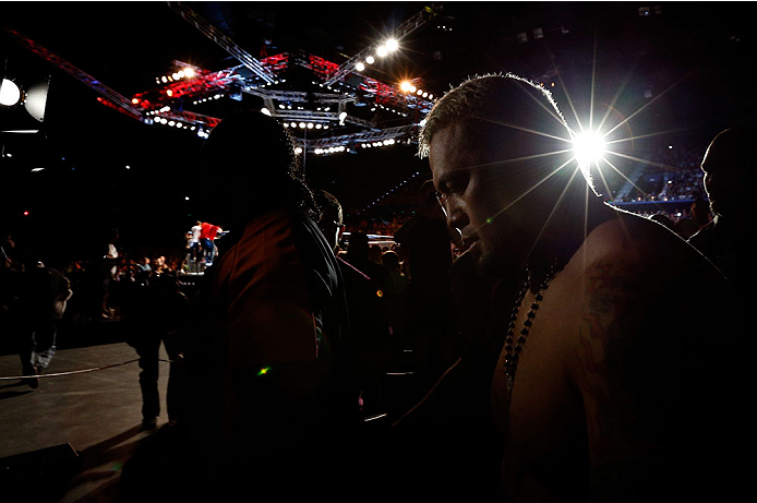 BRISBANE, AUSTRALIA - DECEMBER 07: Mark Hunt enters the arena before his heavyweight fight against Antonio "Bigfoot" Silva during the UFC Fight Night event at the Brisbane Entertainment Centre on December 7, 2013 in Brisbane, Australia. (Photo by Josh He
