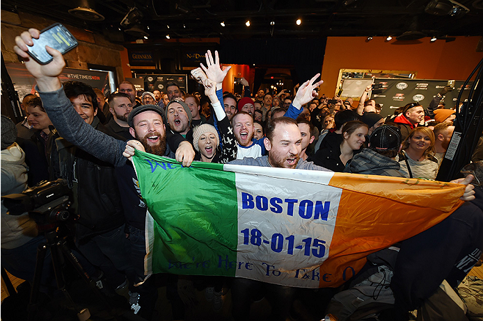 BOSTON, MA - JANUARY 16: Fans interact with media and fighters at Faneuil Hall on January 16, 2015 in Boston, Massachusetts. (Photo by Jeff Bottari/Zuffa LLC/Zuffa LLC via Getty Images)