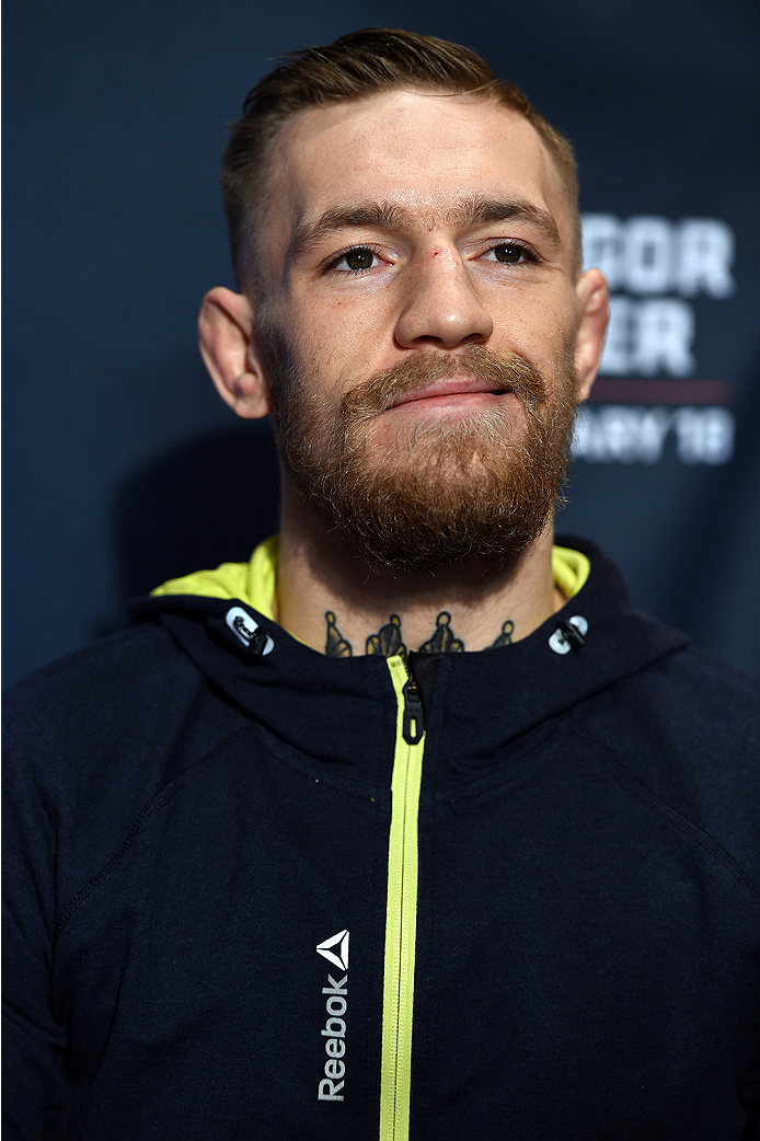 BOSTON, MA - JANUARY 16: UFC featherweight Conor McGregor of Ireland interacts with media at Faneuil Hall on January 16, 2015 in Boston, Massachusetts. (Photo by Jeff Bottari/Zuffa LLC/Zuffa LLC via Getty Images)