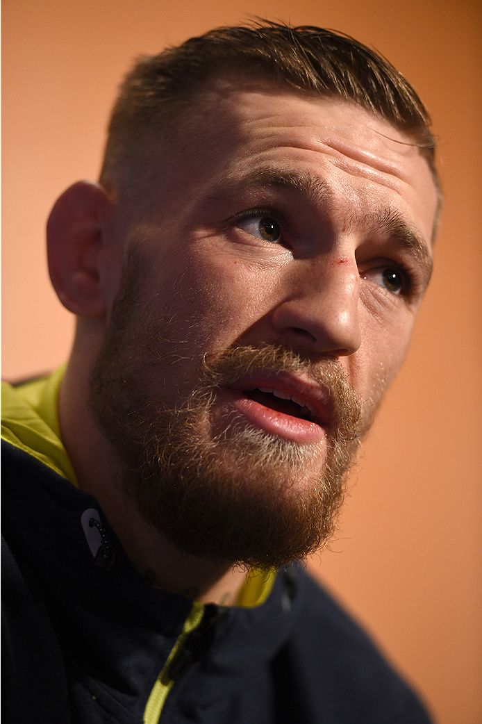 BOSTON, MA - JANUARY 16: UFC featherweight Conor McGregor of Ireland interacts with media at Faneuil Hall on January 16, 2015 in Boston, Massachusetts. (Photo by Jeff Bottari/Zuffa LLC/Zuffa LLC via Getty Images)